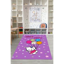 Napoli Home Baskılı Çizgi Film Karakteri Ve Balon Desenli Yıkanabilir Kaymaz Çocuk Halısı, Çocuk-84-Mor,