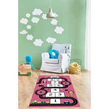 Napoli Home Dijital Baskılı Seksekli Yol Desenli Yıkanabilir Kaymaz Taban Çocuk Odası Halısı, Çocuk-57-Pembe,