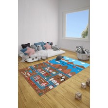 Napoli Home Dijital Baskılı Trafik Yol Desenli Yıkanabilir Kaymaz Taban Çocuk Odası Halısı, Çocuk-88-Kahve,