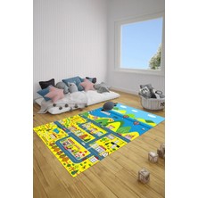 Napoli Home Dijital Baskılı Trafik Yol Desenli Yıkanabilir Kaymaz Taban Çocuk Odası Halısı, Çocuk-88-Sarı,