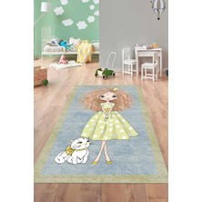 Napoli Home Baskılı Çizgi Film Kedi Ve Kız Karakter Desenli Yıkanabilir Kaymaz Çocuk Halısı, Çocuk-80-Sarı,