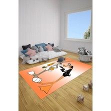 Napoli Home Baskılı Çizgi Film Tavşan Ve Ördek Figürlü Yıkanabilir Kaymaz Çocuk Odası Halısı, Çocuk-91-Turuncu,