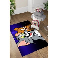 Napoli Home Baskılı Çizgi Film Kedi Ve Fare Figürlü Yıkanabilir Kaymaz Çocuk Odası Halısı, Çocuk-74-Mavi,