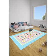 Napoli Home Dijital Baskılı Çerçeveli Hayvan Figürlü Yıkanabilir Kaymaz Çocuk Odası Halısı, Çocuk-92-Turkuaz,