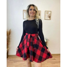 Kadın Uzun Kollu Bisiklet Yaka Üst Viskon Alt Ekose Kısa Elbise