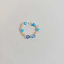 Crystal Atelier İnci Yüzük, İncili Yüzük, Barok İnci Yüzük, Lastikli İncili Yüzük, Mavi Kristal Boncuk Yüzük, Kadın Yüzük