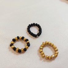 Crystal Atelier Gold Kum Boncuklu Lastikli Yüzük Set Altın Kum Boncuklu Yüzük Set 3 Adet