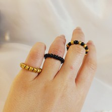 Crystal Atelier Gold Kum Boncuklu Lastikli Yüzük Set Altın Kum Boncuklu Yüzük Set 3 Adet