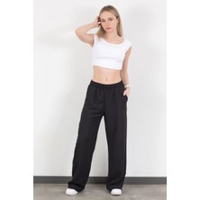 Kadın Beli Lastikli Bol Paça Cep Detaylı Pantolon Siyah - 25576