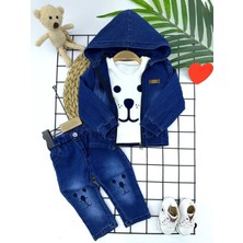 Diji Baby 9-12-18-24 Ay Kot Kumaş Kapşonlu Uzun Kol Sweatli Kot Kumaş 3lü Erkek Bebek Takımı