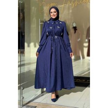 Taş Detaylı Jakar Elbise 3924 Lacivert