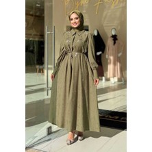 Taş Detaylı Jakar Elbise 3924 Haki