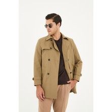 Madrid Erkek Açık Haki Kruvaze Yaka Slim Fit Pamuk Karışımlı Trençkot