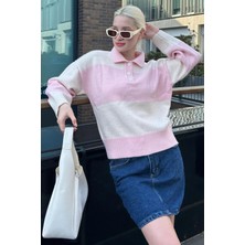 Pembe Düğmeli Polo Yaka Çizgili Kadın Kazak MG2286