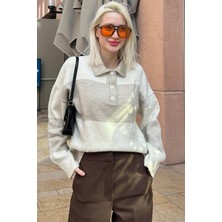 Bej Düğmeli Polo Yaka Çizgili Kadın Kazak MG2286