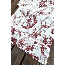 Bordo Çiçekli Pileli Runner - Dekoratif Runner - Keten Pileli Runner 40 x 110 cm