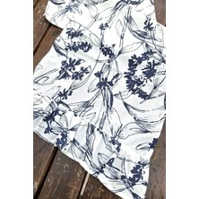 Lacivert Çiçekli Pileli Runner - Dekoratif Runner - Keten Pileli Runner 40 x 110 cm