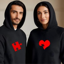 Puzzle Kalp Görselli Sevgililer Günü Slimfit Kapüşönlu Hoodie Kadın Sweatshirt 7013K