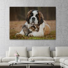 Marsilyan- St. Bernard Köpek ve Yavru Kediler Dekoratif Kanvas Tablo 1124