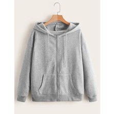 Unisex Kapüşonlu Fermuarlı Cepli Ince Penye Gri Basic Sweatshırt Hırka