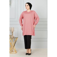 Kadın Uzun Düz Renk Basic Yuvarlak Yaka Tunik Sweatshırt