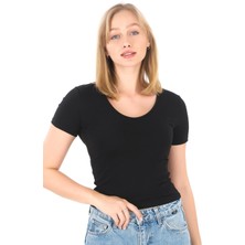 V Yaka Slim Fit Crop Tişört-Siyah