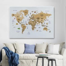 Marsilyan- Türkçe Dünya Haritası Dekoratif Kanvas Tablo Ülke-Başkentli Öğretici ve Sembollü 2322