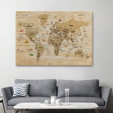 Marsilyan- Ahşap Görünümlü Türkçe Dünya Haritası Sembollü Eğitici Kanvas Tablo 2945