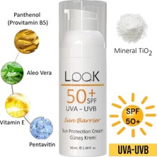 Look Güneş Koruyucu Krem Spf 50+ Uva Uvb Bariyer Oluşturucu Mineral Tio2, Nemlendirici ve Besleyici, Aloe Vera Jel, Pentavitin, Vitamin B5 E 50 ml