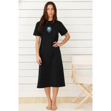 Rock&Roll Benekli Kuzu Siyah Kısa Kollu Penye Uzun Elbise