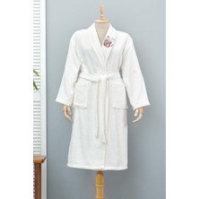 Nishev Karaca Home 2 Daily Soft Off White Nakışlı Pamuk Kadın Bornoz S/m