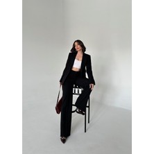 Vuntal Butik Kadın Blazer Takım Elbise Koyu Siyah Tek Düğme Ceket Kemerli Pantolon 9478-24