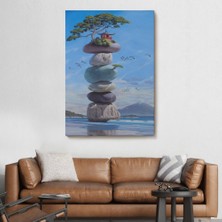 Marsilyan- Sahilde Renkli Denge Taşları, Meditasyon, Yoga, Spiritüel Baskı Kanvas TABLO-5239