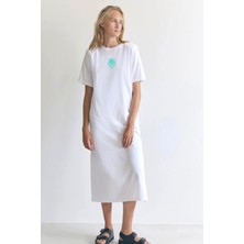 Rock&Roll Benekli Kuzu Beyaz Kısa Kollu Penye Uzun Elbise