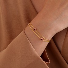 Queen Silver Jewelry 925 Ayar Gümüş 2 Sıra Zincirli Pembe Göz Bileklik
