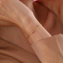 Queen Silver Jewelry 925 Ayar Gümüş 2 Sıra Zincirli Pembe Göz Bileklik