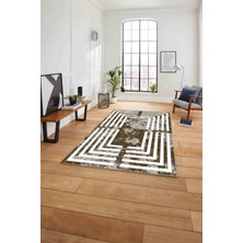 Napoli Home Çerçeveli Sade Dikdörtgen Çizgili Yıkanabilir Kaymaz Yolluk Mutfak Salon Halısı, Çerçeveli-51-Kahve,