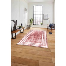Napoli Home Çerçeveli Sade Çizgi Desenli Yıkanabilir Kaymaz Yolluk Mutfak Salon Halısı, Çerçeveli-53-Pembe,