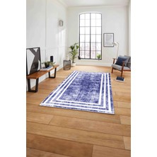 Napoli Home Çerçeveli Sade Çizgi Desenli Yıkanabilir Kaymaz Yolluk Mutfak Salon Halısı, Çerçeveli-53-Lacivert,