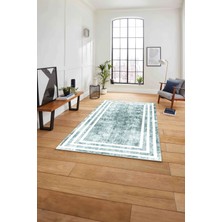 Napoli Home Çerçeveli Sade Çizgi Desenli Yıkanabilir Kaymaz Yolluk Mutfak Salon Halısı, Çerçeveli-53-Turkuaz,