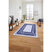 Napoli Home Çerçeveli Klasik Dekoratif Baskılı Yıkanabilir Kaymaz Yolluk Mutfak Salon Halısı, Çerçeveli-81-Mavi,