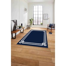 Napoli Home Çerçeveli Geçişli Çizgi Detaylı Yıkanabilir Kaymaz Yolluk Mutfak Salon Halısı, Çerçeveli-54-Mavi,