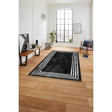 Napoli Home Çerçeveli Çizgi Detaylı Yıkanabilir Kaymaz Yolluk Mutfak Salon Halısı, Çerçeveli-57-Siyah,