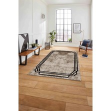 Napoli Home Çerçeveli Kenar Çizgi Motifli Yıkanabilir Kaymaz Yolluk Mutfak Salon Halısı, Çerçeveli-61-Kahve,