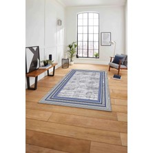 Napoli Home Çerçeveli Kenar Geometrik Model Yıkanabilir Kaymaz Yolluk Mutfak Salon Halısı, Çerçeveli-72-Mavi,