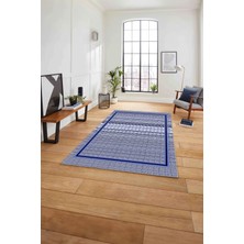 Napoli Home Çerçeveli Çizgi Detaylı Baskılı Yıkanabilir Kaymaz Yolluk Mutfak Salon Halısı, Çerçeveli-79-Mavi,