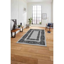 Napoli Home Çerçeveli Çiçek Motifli Yıkanabilir Kaymaz Yolluk Mutfak Salon Halısı, Çerçeveli-85-Gri,