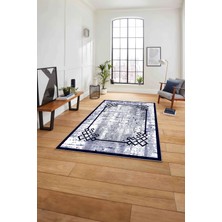 Napoli Home Çerçeveli Akrilik Desen Detay Yıkanabilir Kaymaz Yolluk Mutfak Salon Halısı, Çerçeveli-126-Lacivert,