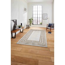 Napoli Home Çerçeveli Dikdörtgen Çizgili Yıkanabilir Kaymaz Yolluk Mutfak Salon Halısı, Çerçeveli-103-Bej,