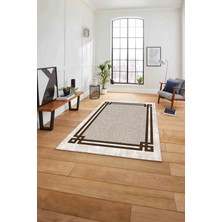 Napoli Home Çerçeveli Kenar Çizgili Model Yıkanabilir Kaymaz Yolluk Mutfak Salon Halısı, Çerçeveli-55-Kahve,